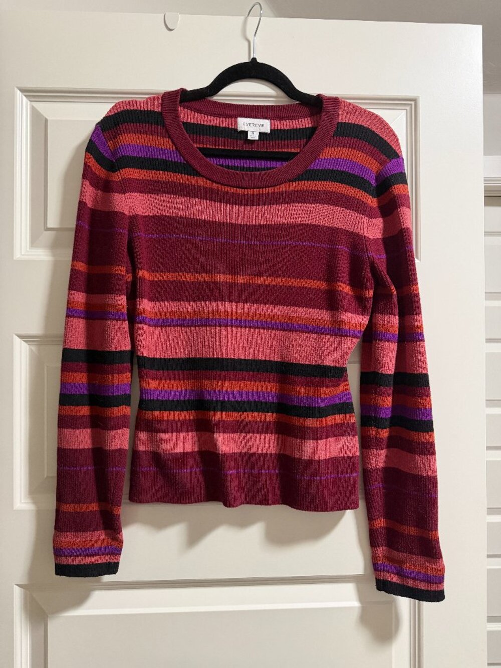 Evereve Retro Striped Ribbed Knit Crewneck Lightweight Sweater in Burgundy XL